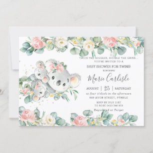 Invitation Verdure rose florale Koala Baby shower Twin Girls