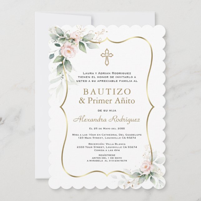 Invitation Verdure Rose Roses Espagnol 1er anniversaire Baptê (Devant)