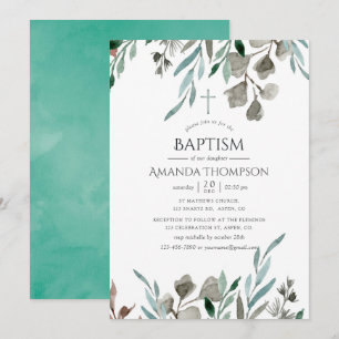 Invitation Verdure rustique Baptême d'hiver ou baptême