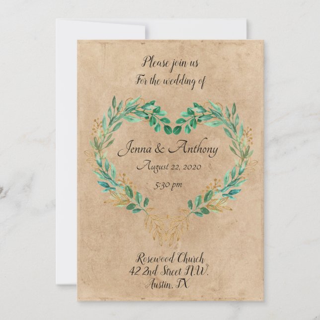 Invitation Verdure rustique Coeur antique Beau Mariage (Devant)