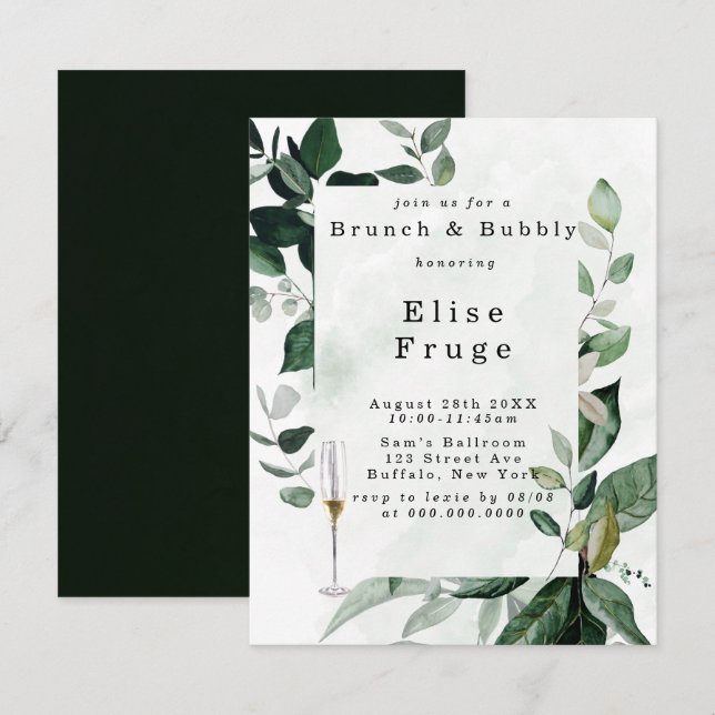 Invitation Verdure rustique Eucalyptus Brunch & Bubbly (Devant / Derrière)