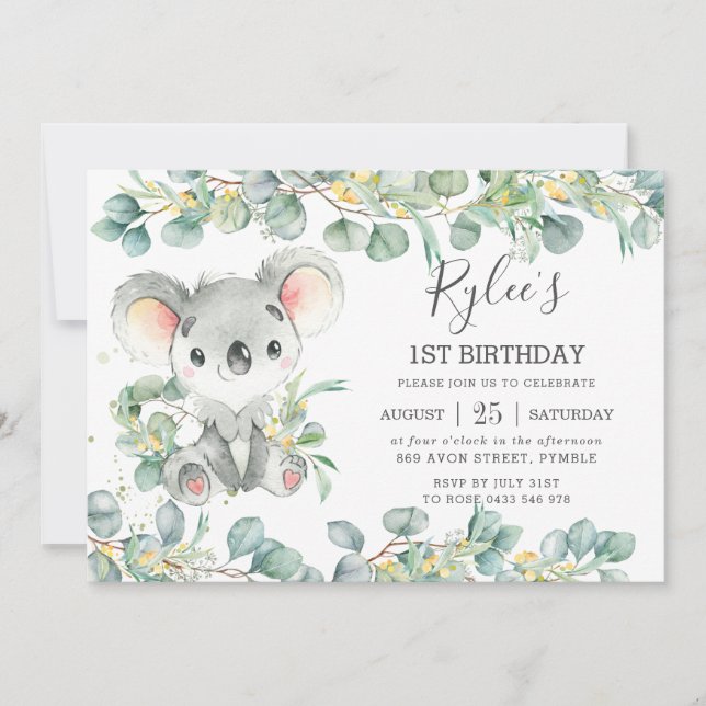 Invitation Verdure rustique Eucalyptus Cute Koala Anniversair (Devant)