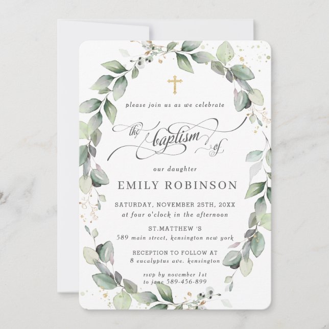 Invitation Verdure rustique Feuillage Foliage Wreath Or Baptê (Devant)