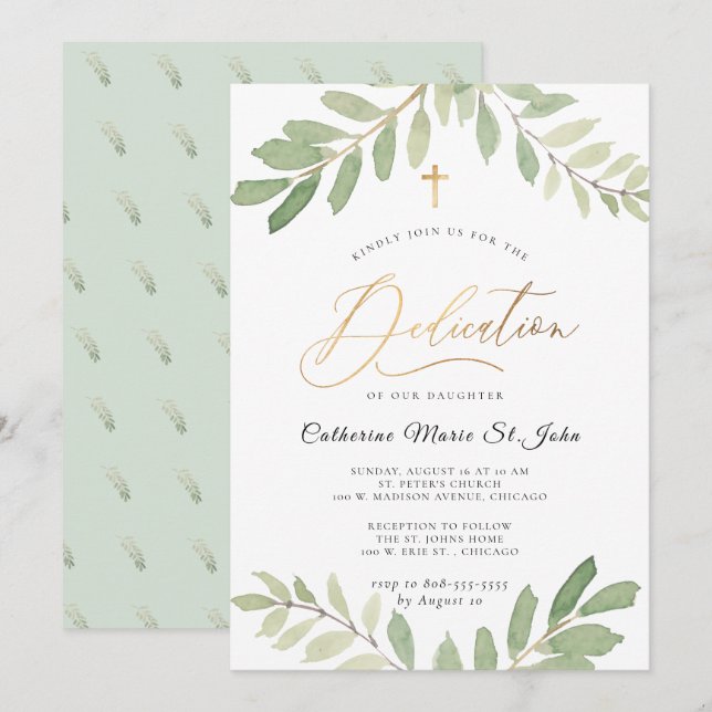 Invitation Verdure rustique Sage Green Faux Gold Dedication (Devant / Derrière)