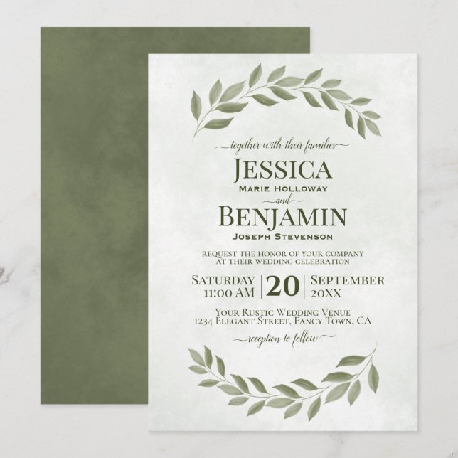 Invitation Verdure rustique Simple Elégant Sage Vert Mariage (Devant / Derrière)