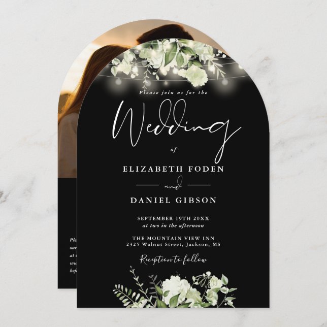 Invitation Verdure String Lights QR Code Photo Arch Mariage (Devant / Derrière)