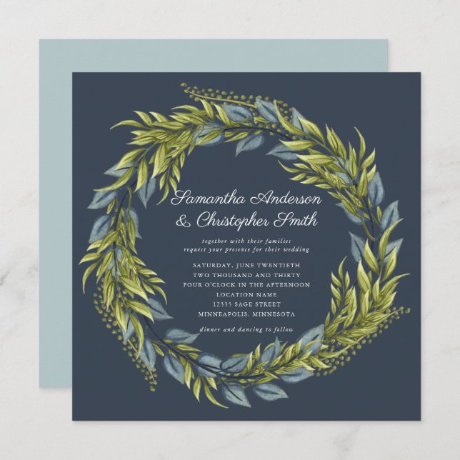 Invitation Verdure Wreath Aquarelle bleu foncé Turquoise Mari (Devant / Derrière)
