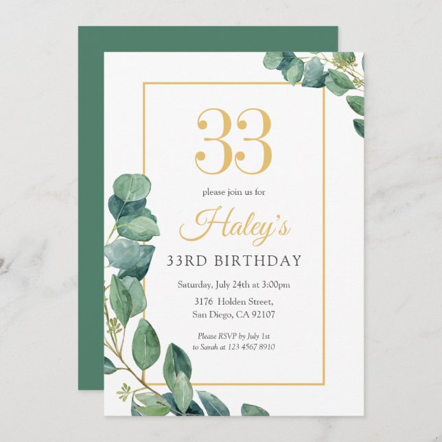 Invitation Verdure Wreath Chic Gold & Sage 33e anniversaire (Devant / Derrière)