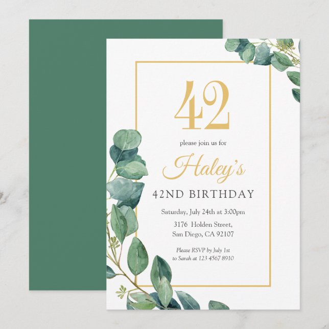 Invitation Verdure Wreath Chic Gold & Sage 42E Anniversaire (Devant / Derrière)