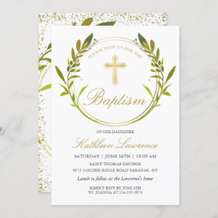 Invitation Verdure Wreath Gold Cross Girl Baptism