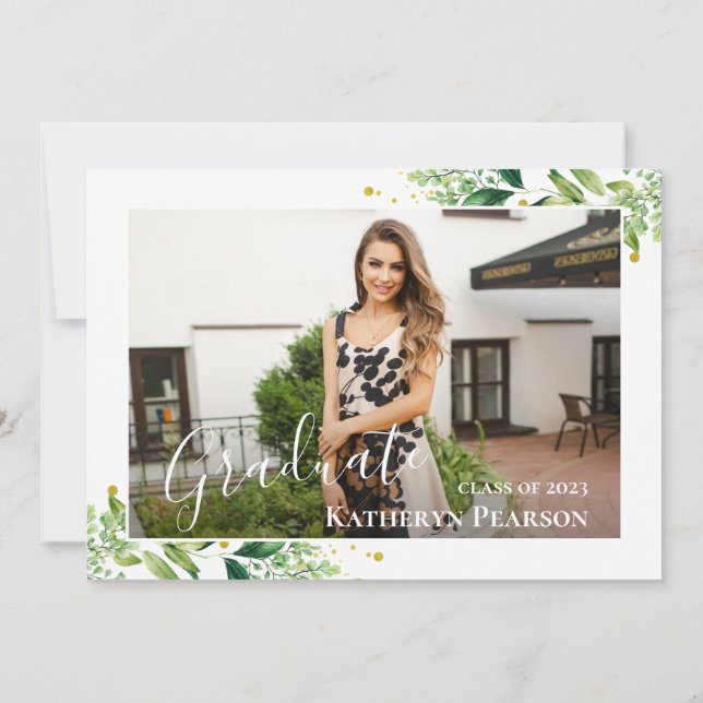 Invitation Verdure Wreath Gold Marine Bleu 2 Photo Graduation (Dos)