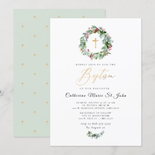 Invitation Verdure Wreath hiver Faux Or Baptême