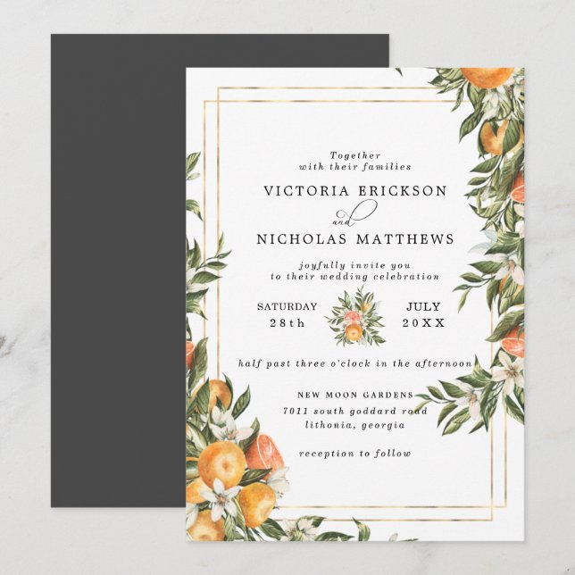 Invitation Verger de Citrus | Mariage Bohème Botanique (Devant / Derrière)