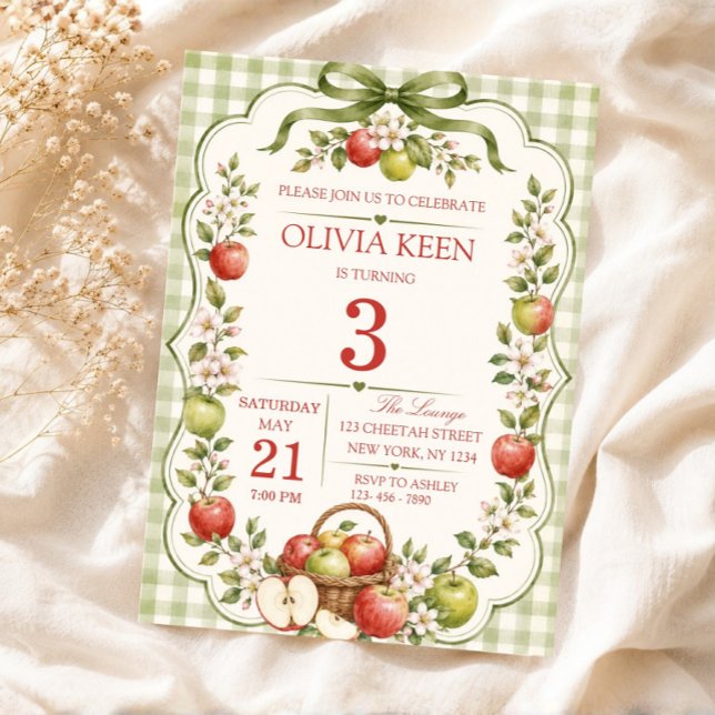 Invitation Verger de Pommes à Carreaux Verts Anniversaire d'A (Apple Picking Party Invite, Apple Theme Birthday Invitation)