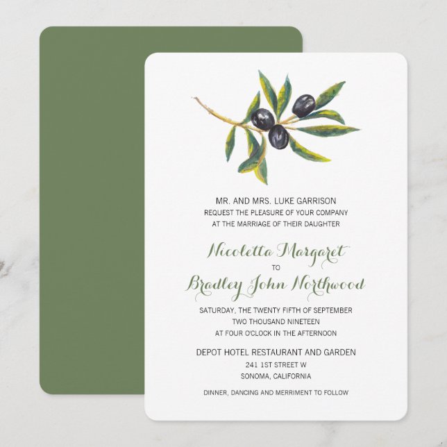Invitation Verger d'olive aquarelle | Mariage (Devant / Derrière)