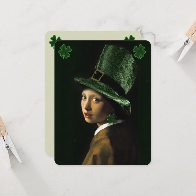 Invitation Vermeer Pearl Earring Clover St Patrick's Day (Devant/Arrière en situation)
