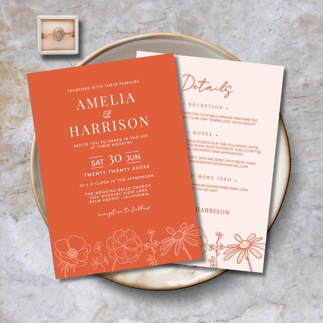 Invitation Verona Coucher de soleil Orange tout en un Mariage (Verona Sunset Orange All-In-One Floral Wedding Invitation with Line Art, Details on the Back.)