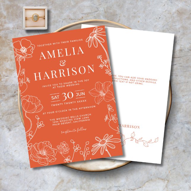 Invitation Verona Sunset Orange Floral Line Mariage (Verona Sunset Orange Floral Line Art Wedding Invitation with Optional Text on Back.)