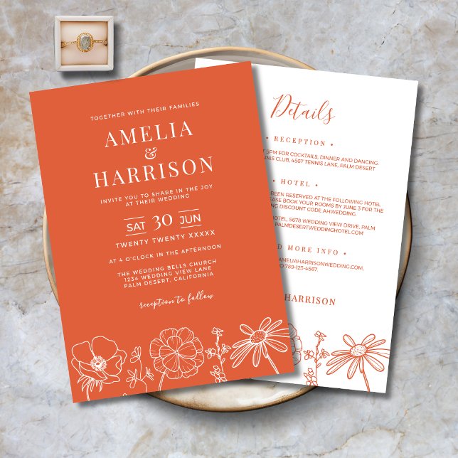 Invitation Vérone Coucher de soleil Floral tout en un mariage (Verona Sunset Floral All In One Elegant Wedding Invitation with Details, RSVP, Reception, Hotel)
