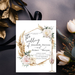 Invitation Verre à champagne à cadre doré floral Mariage