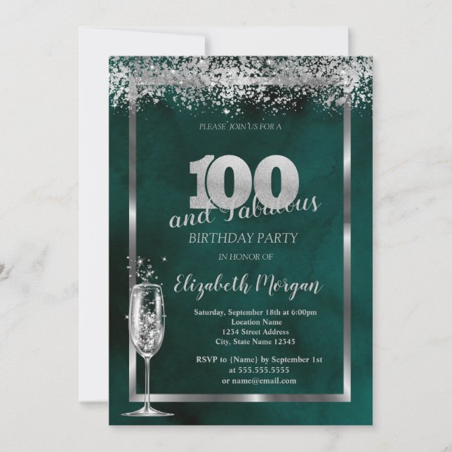 Invitation Verre à Champagne Argent Confettis Vert 100ème  (Devant)