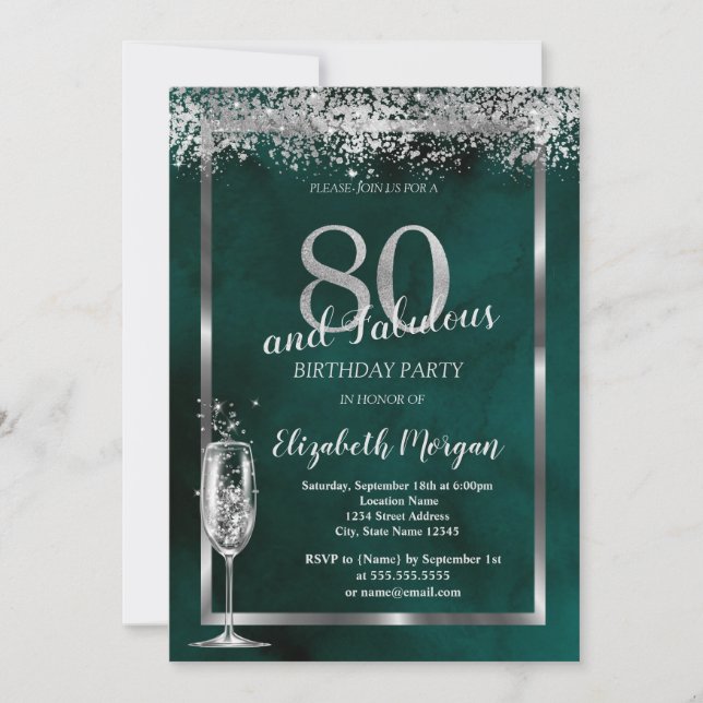 Invitation Verre à Champagne Argent Confettis Vert 80 ans (Devant)