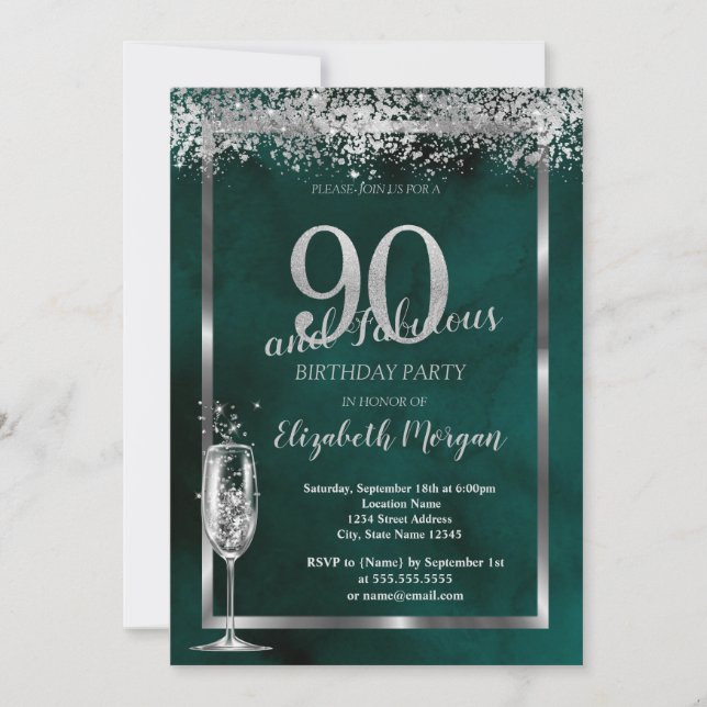 Invitation Verre à Champagne Argent Confettis Vert 90ème  (Devant)