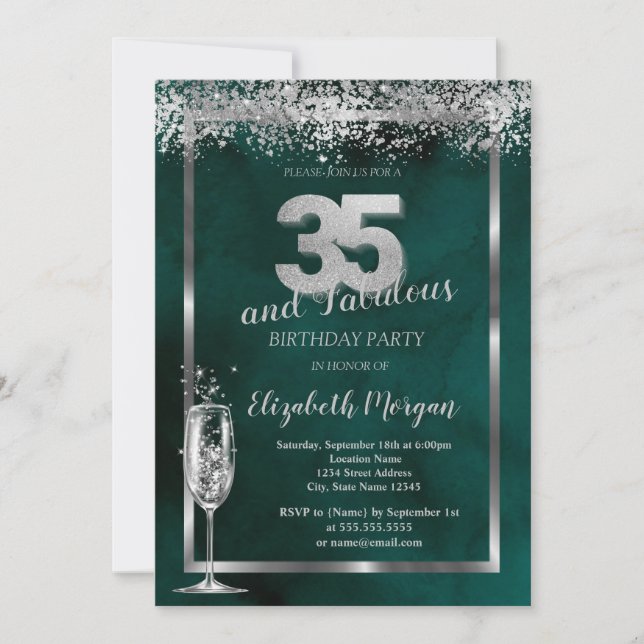 Invitation Verre à Champagne Confettis Argent Vert 35ème (Devant)