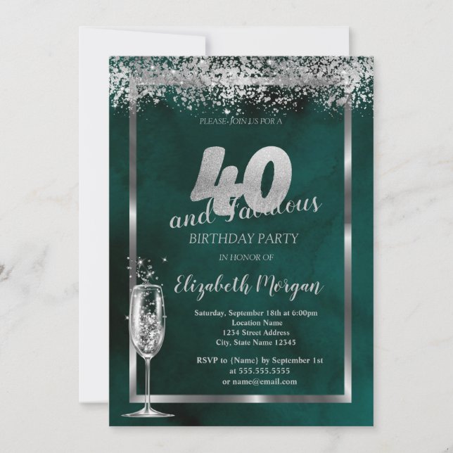 Invitation Verre à Champagne Confettis Argent Vert 40 ans (Devant)