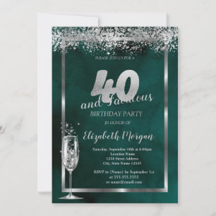 Invitation Verre à Champagne Confettis Argent Vert 40 ans