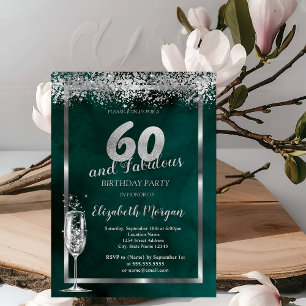 Invitation Verre à Champagne Confettis Argent Vert 60 ans