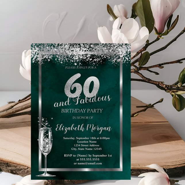 Invitation Verre à Champagne Confettis Argent Vert 60 ans (Créateur téléchargé)