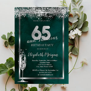 Invitation Verre à Champagne Confettis Argent Vert 65 ans