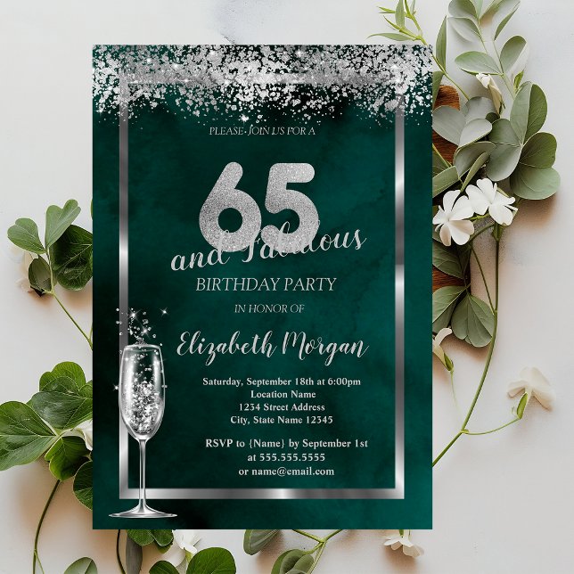 Invitation Verre à Champagne Confettis Argent Vert 65 ans (Créateur téléchargé)