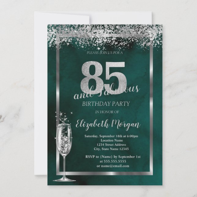 Invitation Verre à Champagne Confettis Argent Vert 85ème (Devant)