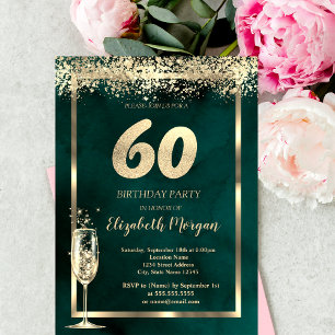 Invitation Verre à Champagne Confettis Dorés Vert 60e Anniver