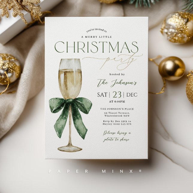 Invitation Verre à champagne de champion de fête de Noël vert (Christmas party invitation with champagne glass with festive green bow. )