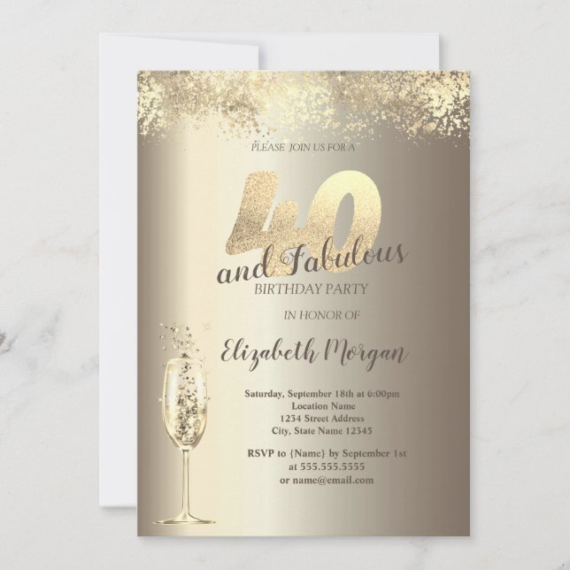 Invitation Verre à Champagne de Luxe Confettis Dorés 40 ans A (Devant)