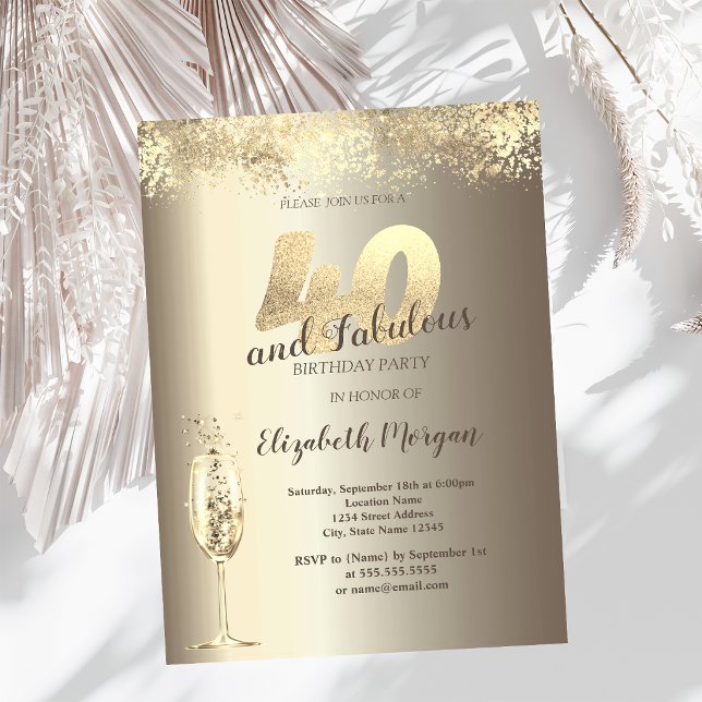 Invitation Verre à Champagne de Luxe Confettis Dorés 40 ans A (Créateur téléchargé)