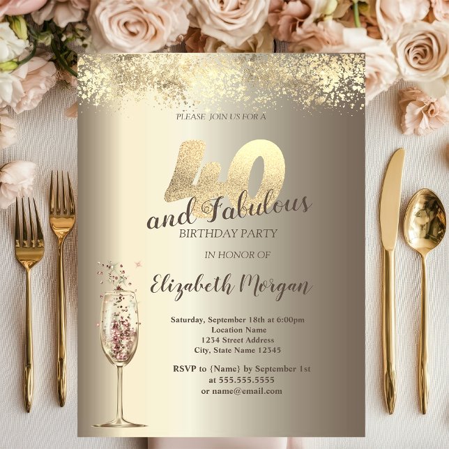 Invitation Verre à Champagne de Luxe Confettis Dorés 40 ans A (Créateur téléchargé)