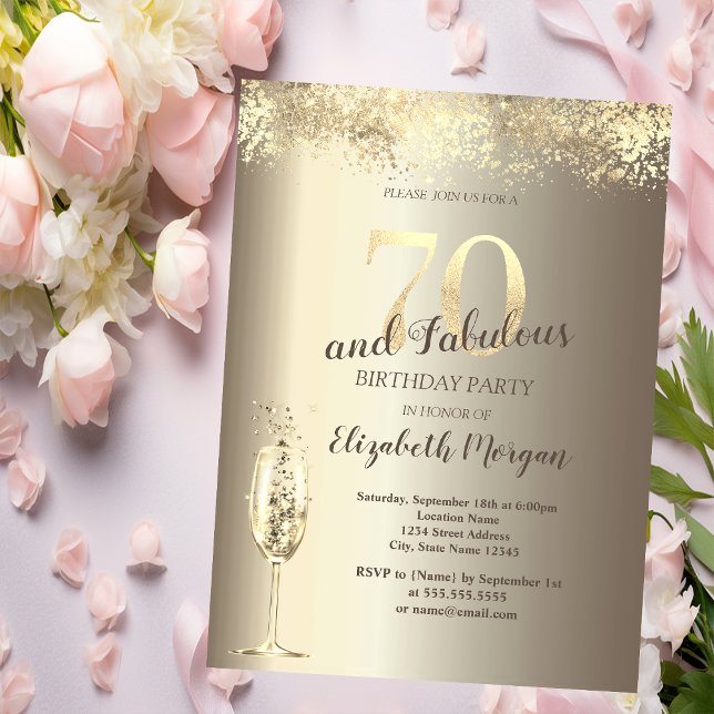 Invitation Verre à Champagne de Luxe Confettis Dorés 70 ans A (Créateur téléchargé)
