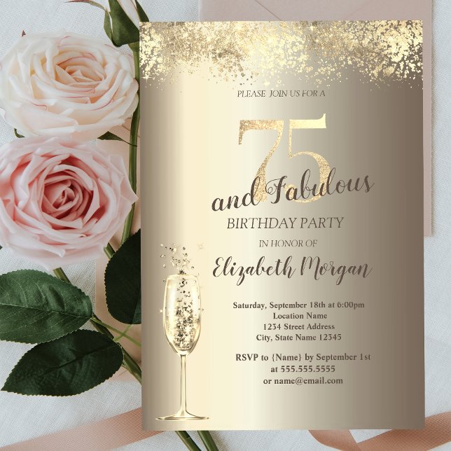 Invitation Verre à Champagne de Luxe Confettis Dorés 75 ans A (Créateur téléchargé)