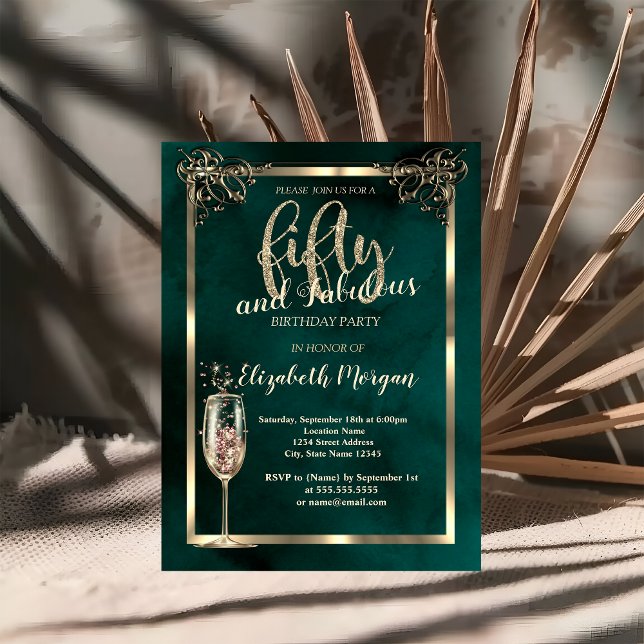 Invitation Verre à champagne de luxe de la frontière vert 50e (Créateur téléchargé)