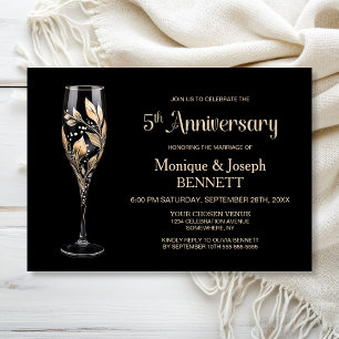 Invitation Verre à Champagne Feuille d'Or 5ème Anniversaire d