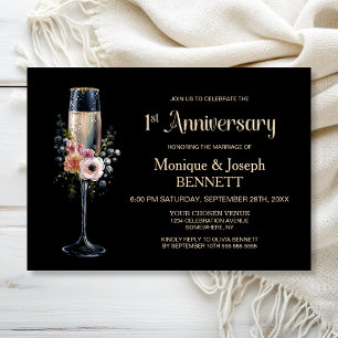 Invitation Verre à Champagne Floral pour le 1er Anniversaire