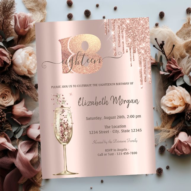 Invitation Verre à champagne Glitter Drips 18e anniversaire (Créateur téléchargé)