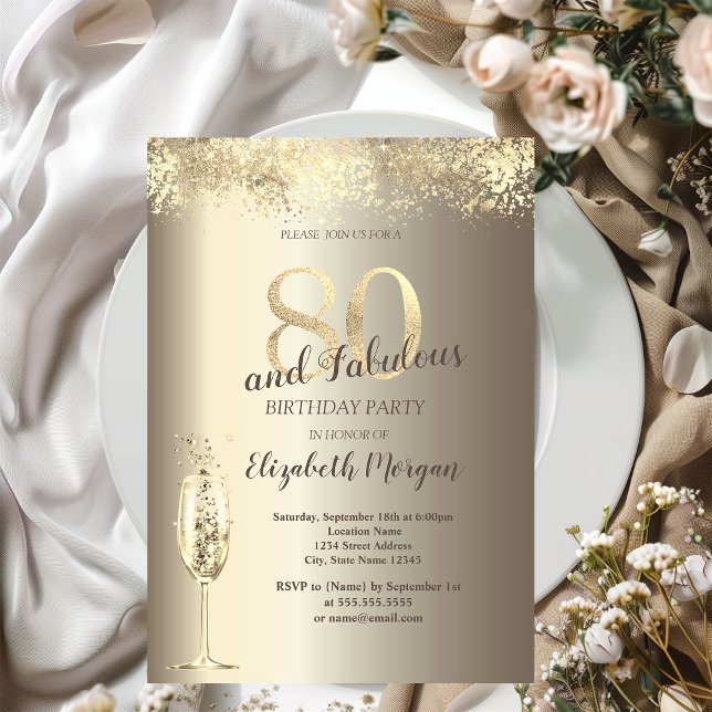 Invitation Verre à Champagne Luxueux Confettis Dorés 80e Anni (Créateur téléchargé)