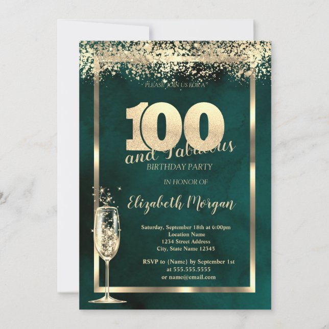 Invitation Verre à Champagne Or Confettis Vert 100e Anniversa (Devant)