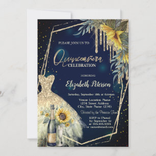 Invitation Verre à champagne, Robe, Tournesols Bleu marine