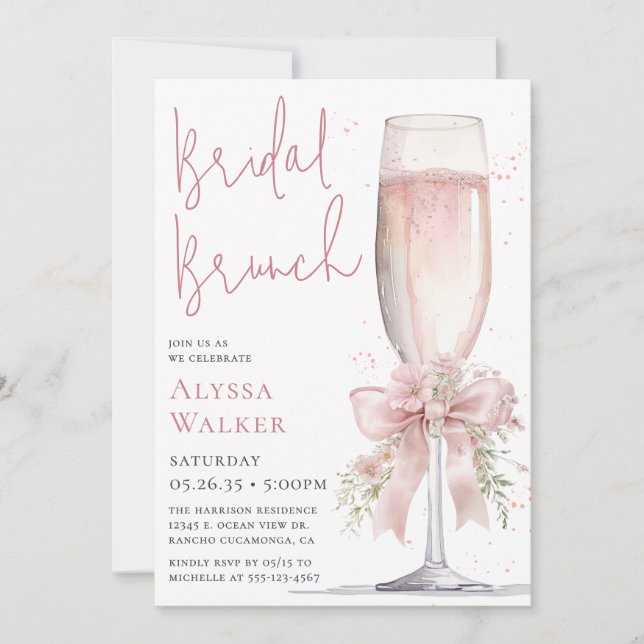 Invitation Verre à champagne rose pour brunch de mariage (Devant)